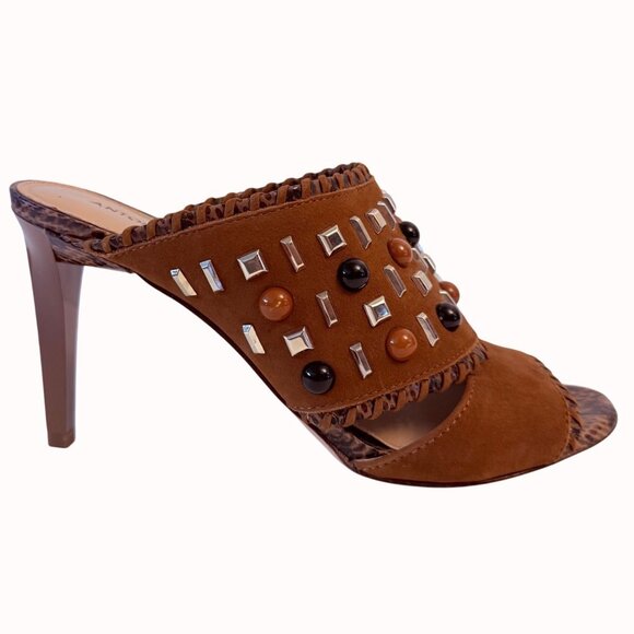 Antonio Melani Studded Mule Shoes Size 8 Beaded Brown Suede Heels Boho Hippie - Picture 1 of 14